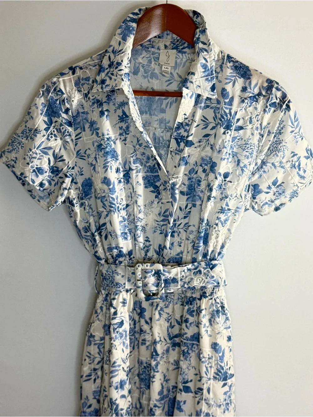 Joie Blue Floral Midi Dress L Belted Shirt Dress Cottagecore - Picture 2 of 10